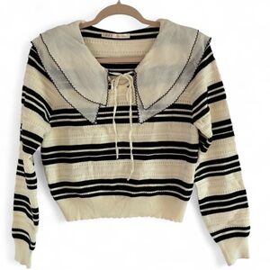 Elegant Striped Black and Cream Sweater with Sailor Collar